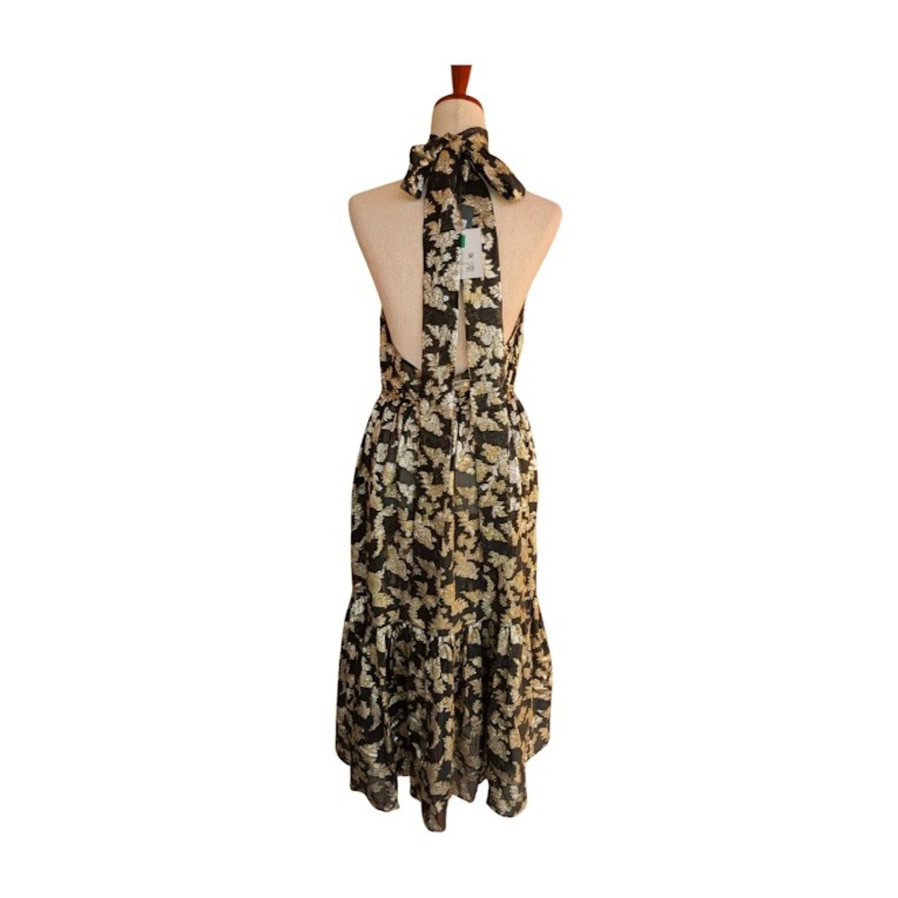 Saint Laurent Paris Black Gold Floral Print Halter Neck Tiered Maxi Dress F40